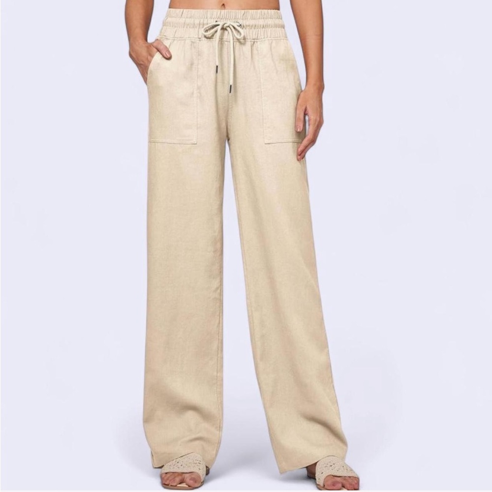 Cream/Beige Linen wide leg flowy drawstring pants